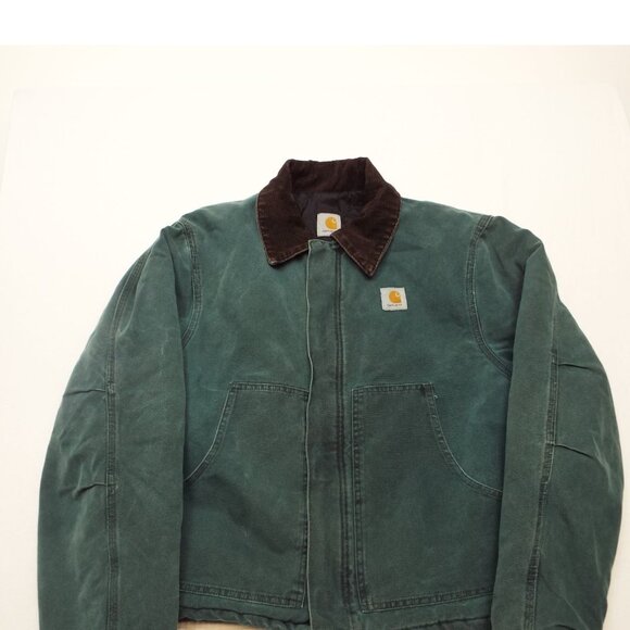 Vintage Carhartt Green Chore Work Jacket Brown Corduroy Collar Fits Like Medium - Picture 12 of 13